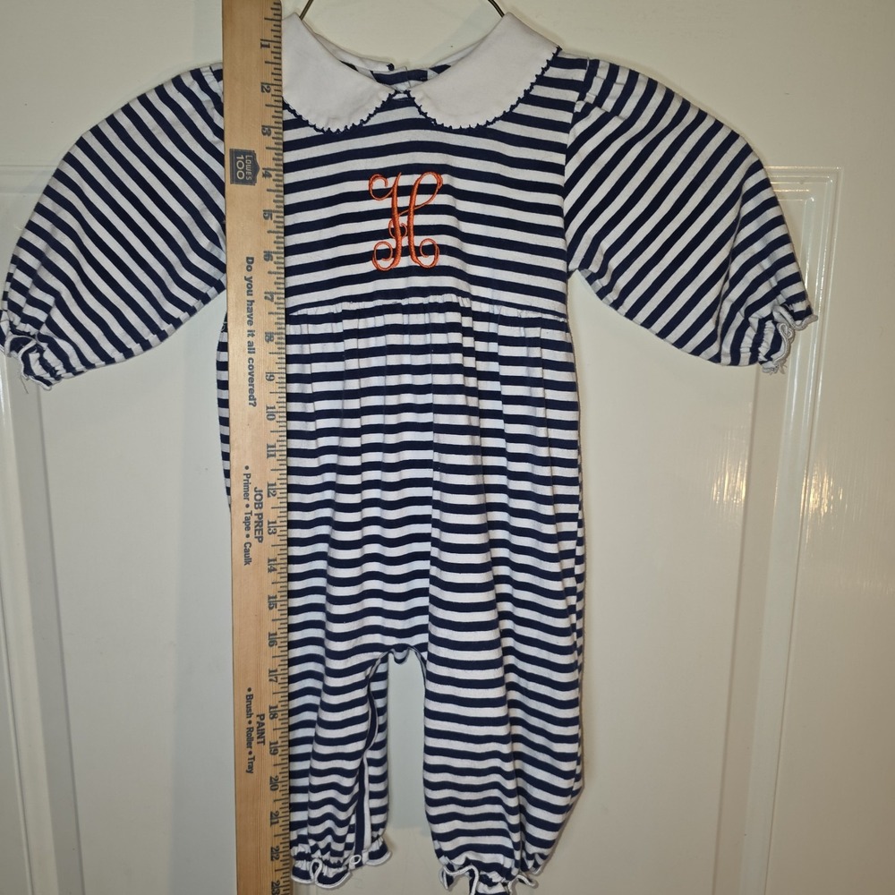 Emma Blake Smocks Size 9 Mo Blue & White Striped Romper, Orange Embroidered "H" - Picture 5 of 10